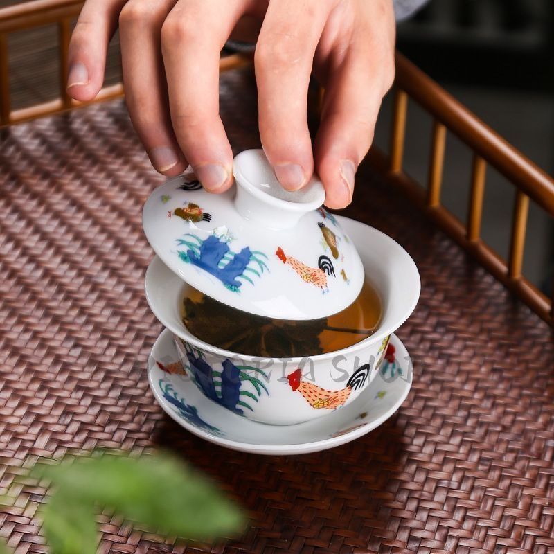 景徳鎮 青花釉里紅三才蓋碗 茶碗 煎茶器 未使用品 新品・未使用】雄鶏三才 蓋碗茶 茶碗 茶杯 景徳鎮カンフー 茶器