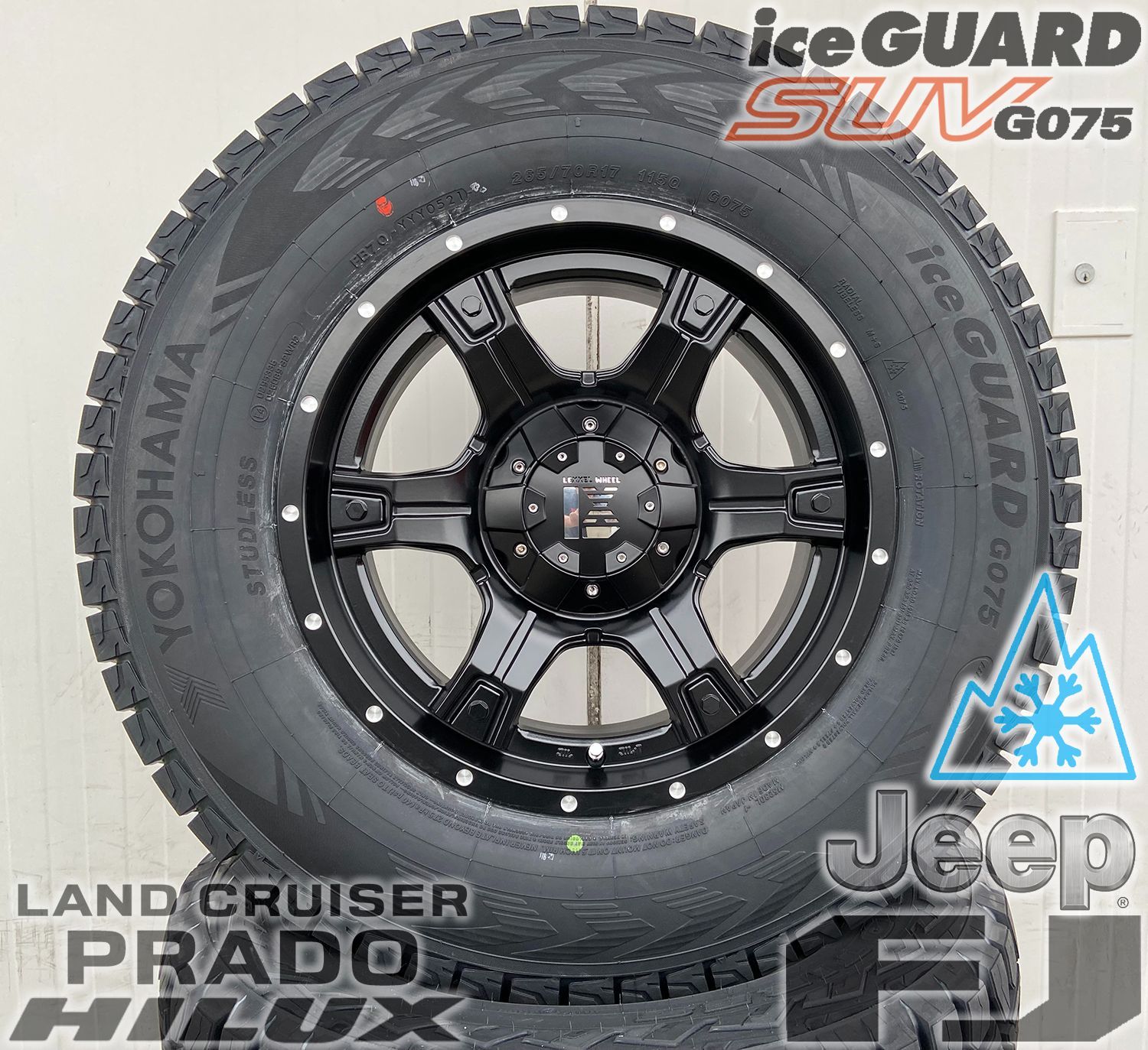 即日発送可能‼ 美品‼ イチオシ商品 国産スタッドレス ヨコハマ アイスガード SUV G075 265/65R17 or 265/70R17 ジープ  JL JKラングラー 17インチ LEXXEL WHEEL レクセルホイール OutLaw アウトロー