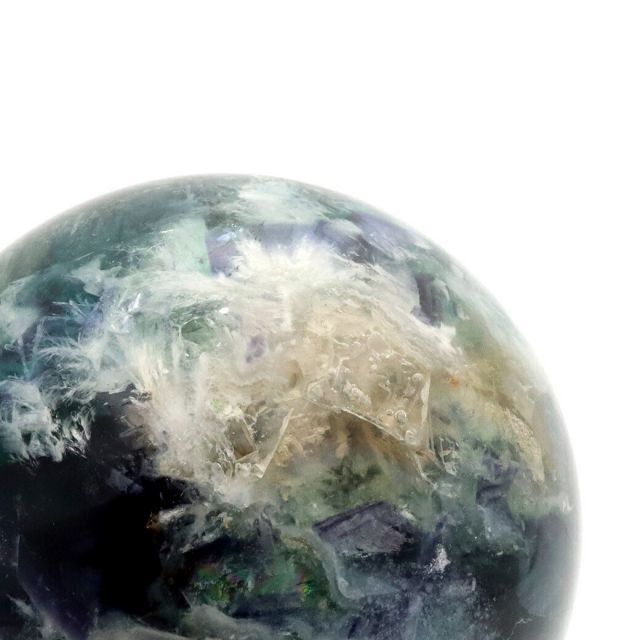 エンジェルフェザー フローライト 丸玉 人気 直径 約71mm 木製台座付き