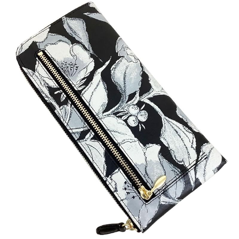 【新着商品】[HARUBE] 京都 浪速屋 本革 友禅染 薄型 L字ファスナー 長財布 レディース 牛革 工芸 花 ツバキ 椿 サザンカ #81-284 「たとかーふ」 (ツバキ(シロクロ))