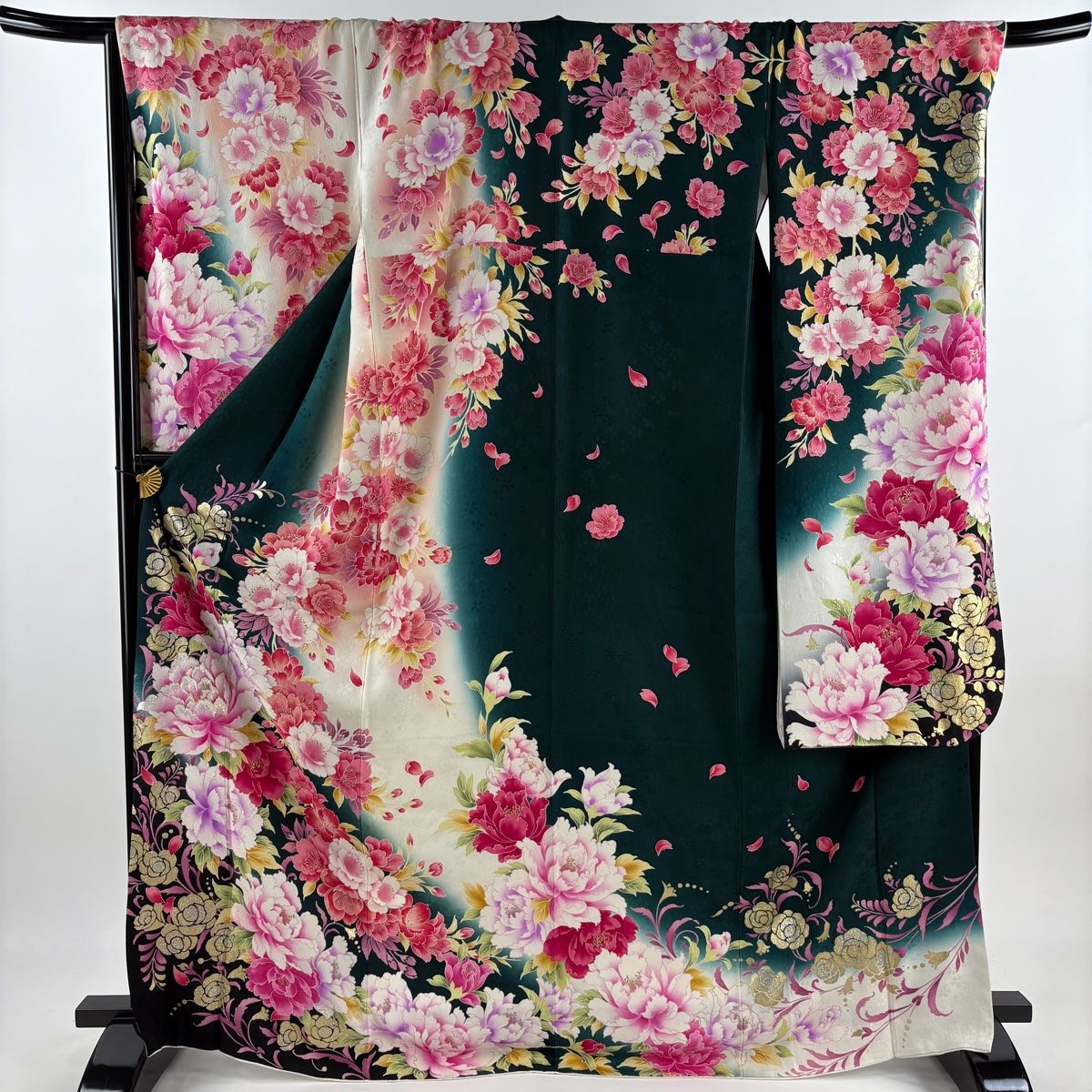 振袖 身丈169cm 裄丈69cm L 袷 牡丹 草花 刺繍 箔 深緑 正絹 名品