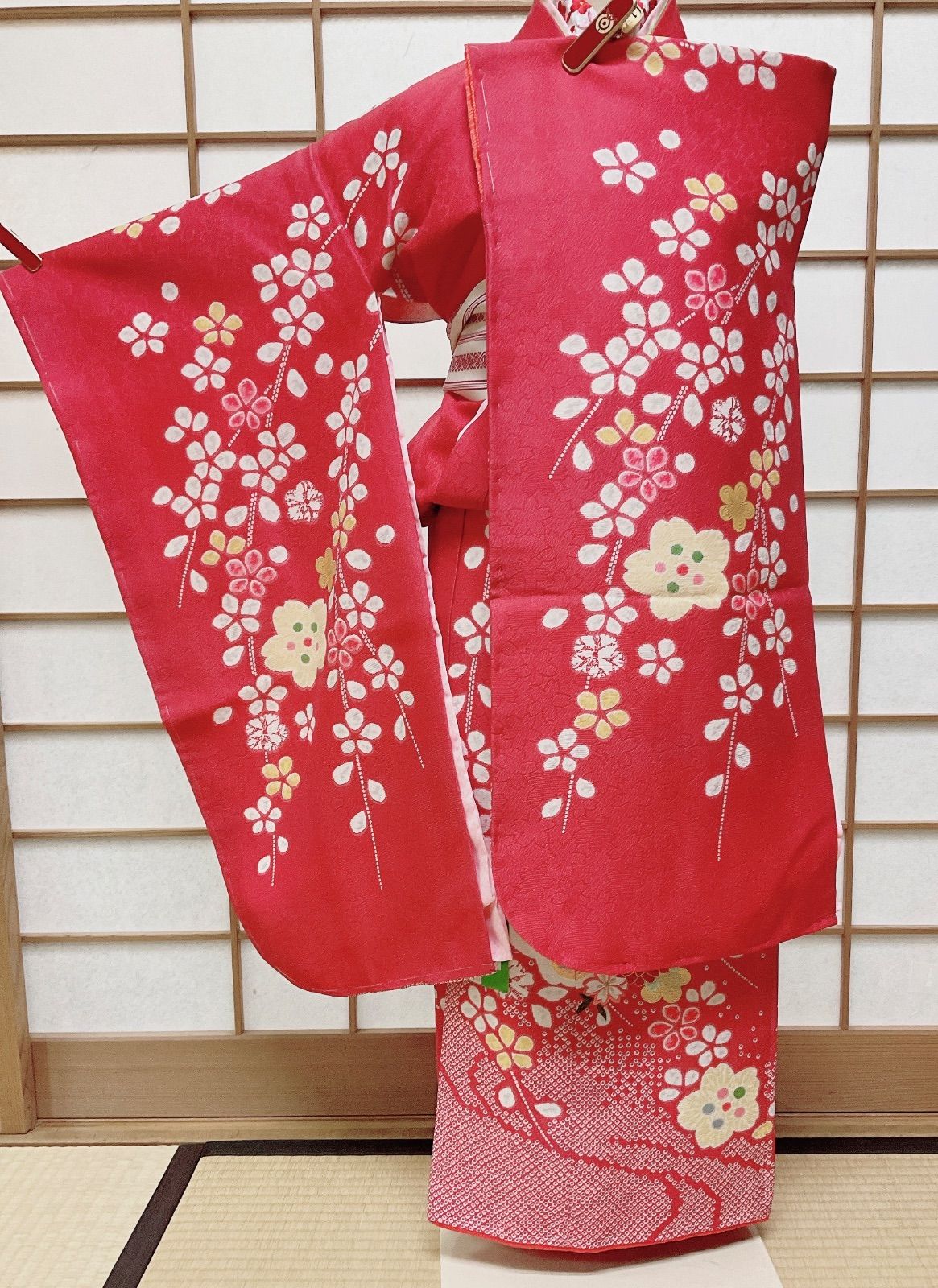 七五三 四つ身 七歳用着物 正絹 描き疋田 刺繍入り 子ども着物 未使用