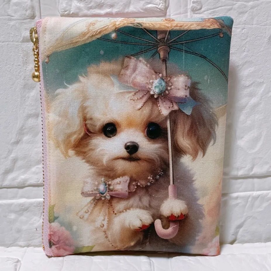 フラットポーチ ミニポーチ ハンドメイド 両面パネル生地 マルチーズ