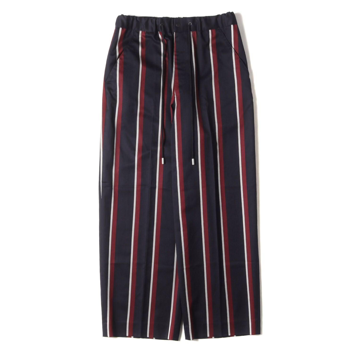 THE RERACS ザ リラクス パンツ サイズ:48 ストライプ テーパード ウール イージー スラックスパンツ THE EASY SLACKS TAPERED トラウザーズ ダークネイビー シルバー ワインレッド 日本製 ボトムス ズ