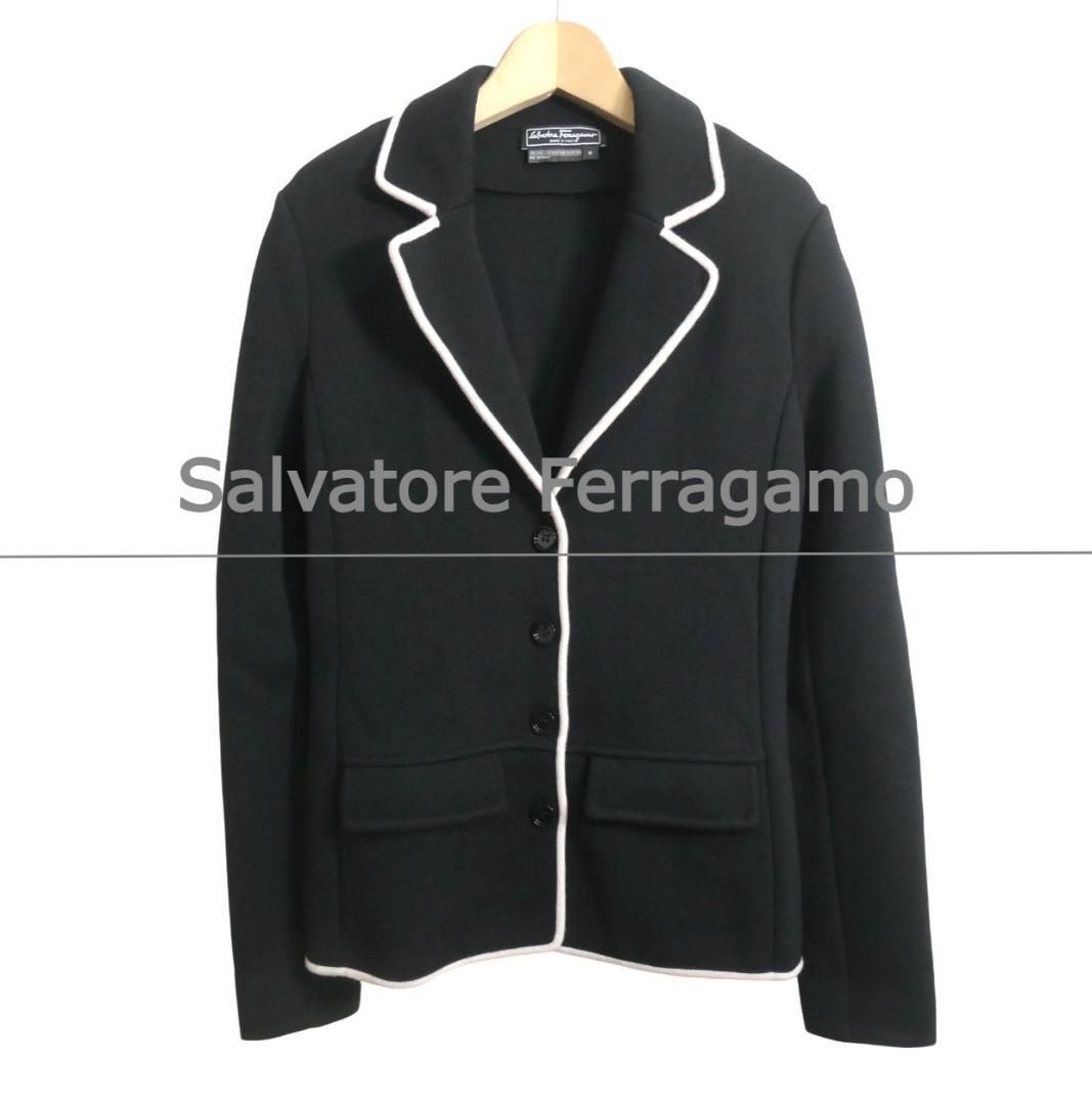 美品 Salvatore Ferragamo サルヴァトーレフェラガモ ニット テーラードジャケット シングル 4B ウール ブラック サイズS レディース 17,850円