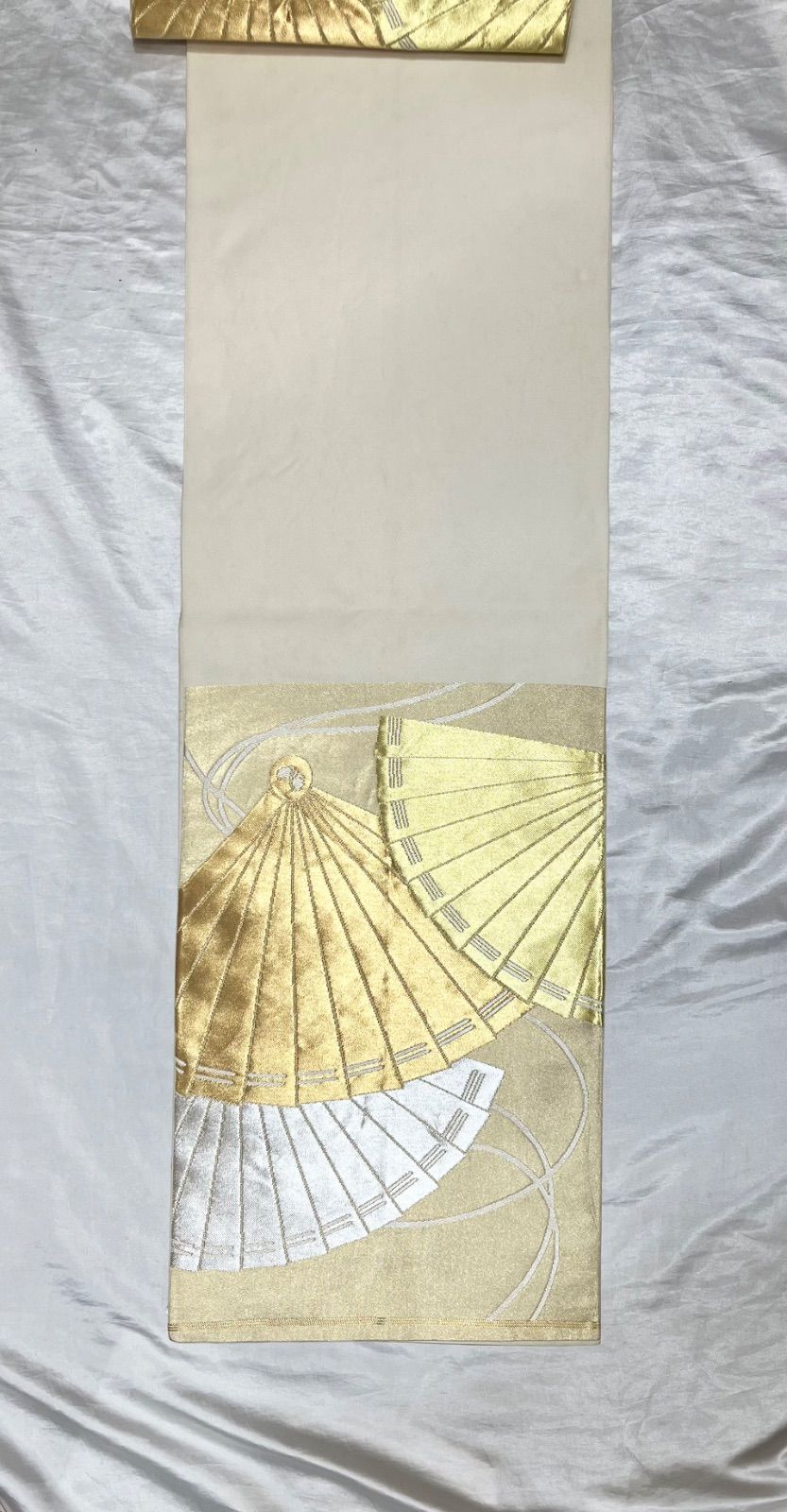 豪華絢爛綺麗貴賓美品長さ427cmゴールドベース扇正絹六通袋帯 豪華絢爛綺麗貴賓美品長さ427cmゴールドベース扇正絹六通袋帯