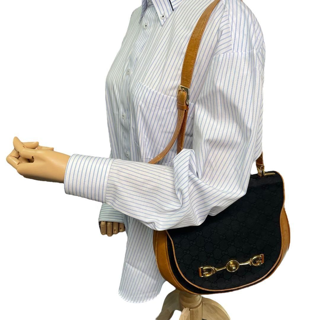 人気 オールドグッチ ホースビット ワンショルダー GG金具 キャンバス