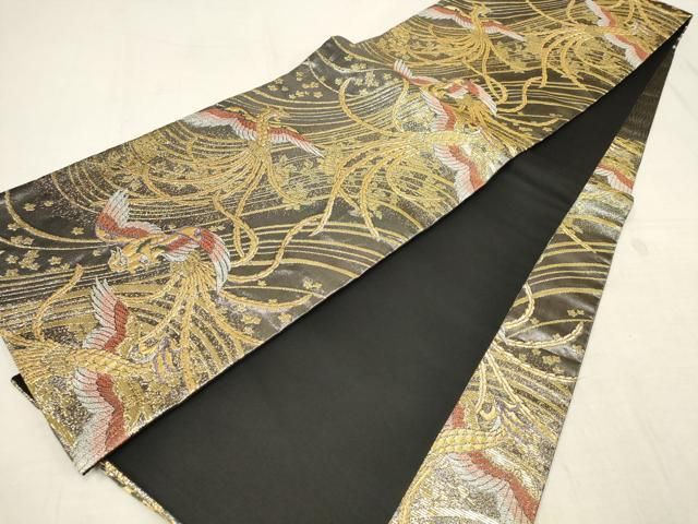 SO-418 袋帯 六通 正絹 壁画 象形文字 オーロラ箔 金糸 逸品 平和屋着物◎六通柄 本袋帯 鳳凰正倉院花文 黒地 金糸 正絹 逸品