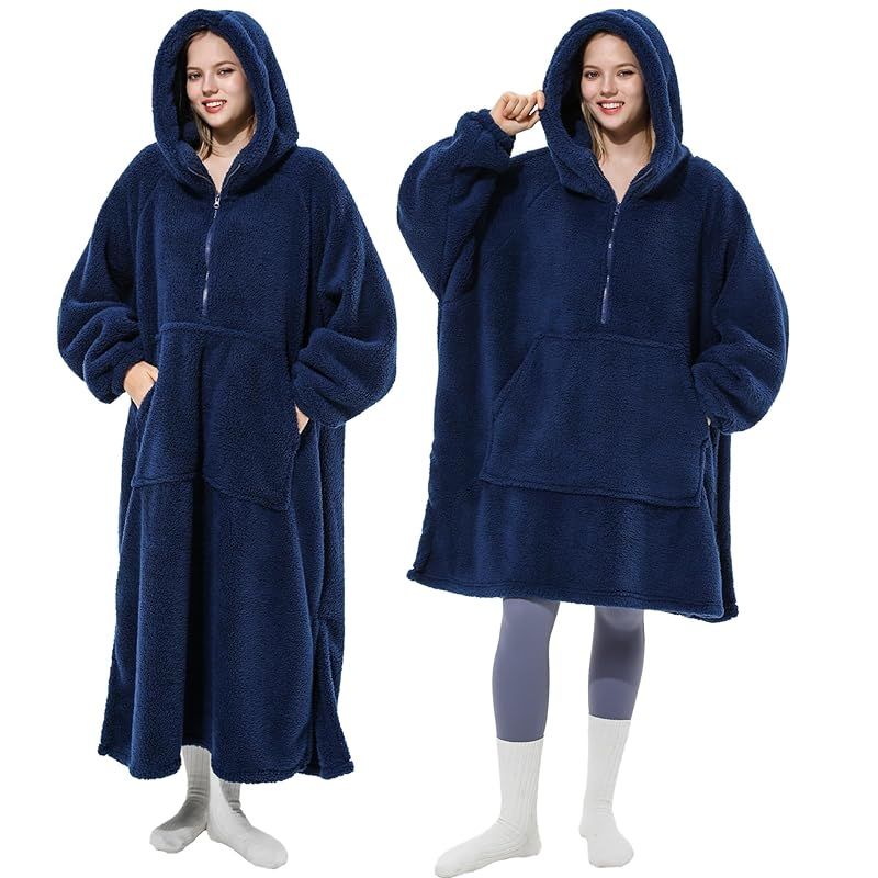 新品　[Winthome] 着る毛布 ロング丈 ルームウェア ジッパー付き 部屋着 全身カバー ゲーミング 裏起毛シープボア もこもこ 着るブランケット 軽量 保温 フード ポケット付 ガウン 大きいサイ