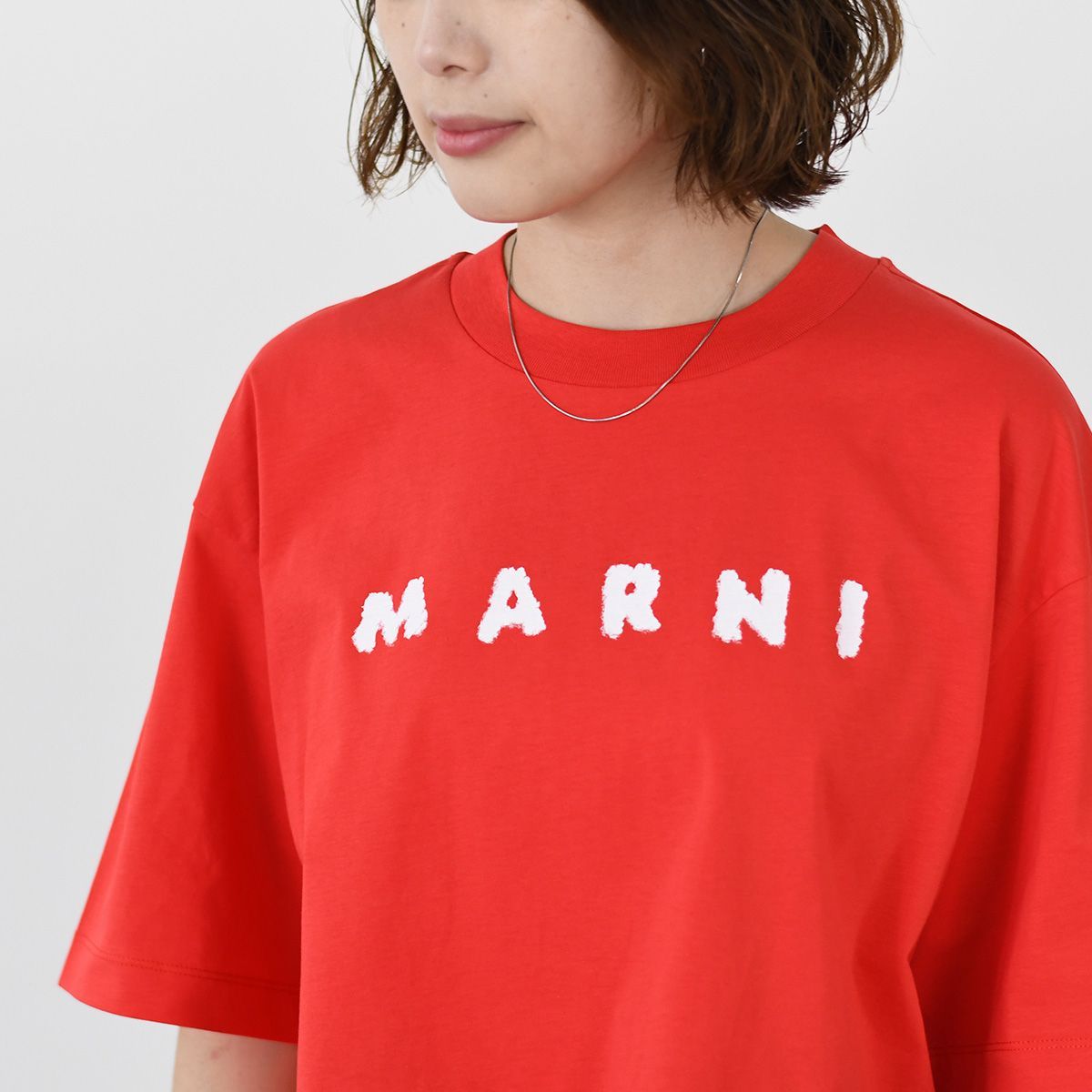 MARNI マルニ Tシャツ カットソー スクリブルロゴ ボクシー Tシャツ THJE0333P5 USCX42 レディース レッド コットン ロゴ 半袖 春 夏 クロップド丈