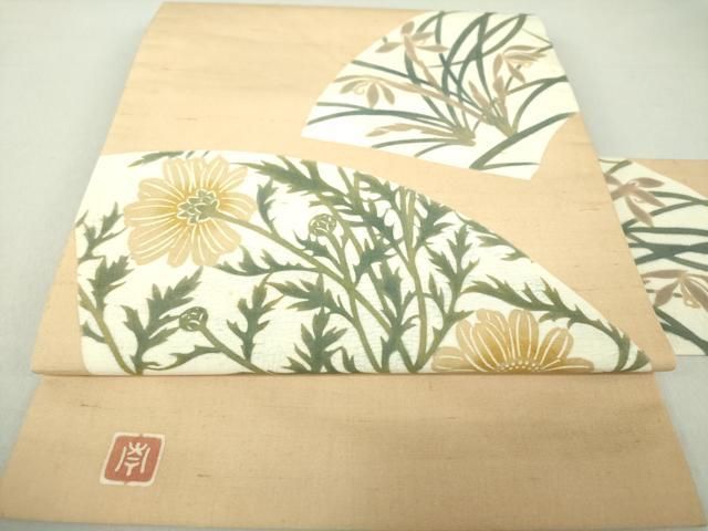 市場】平和屋着物○九寸名古屋帯 生紬 型染 竜田川 雲取り花文 正絹