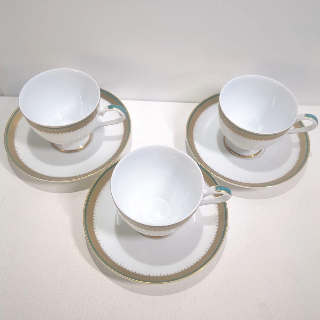 ナルミ カップ ソーサー 金彩 高台 レース ゴールドライン ターコイズ 3点