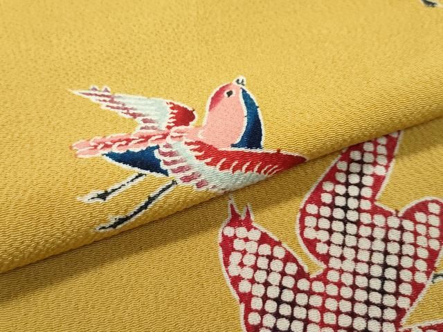 平和屋本店□極上 浦野理一 型染 小紋 飛鳥文 鬼しぼ縮緬 黄朽葉色地