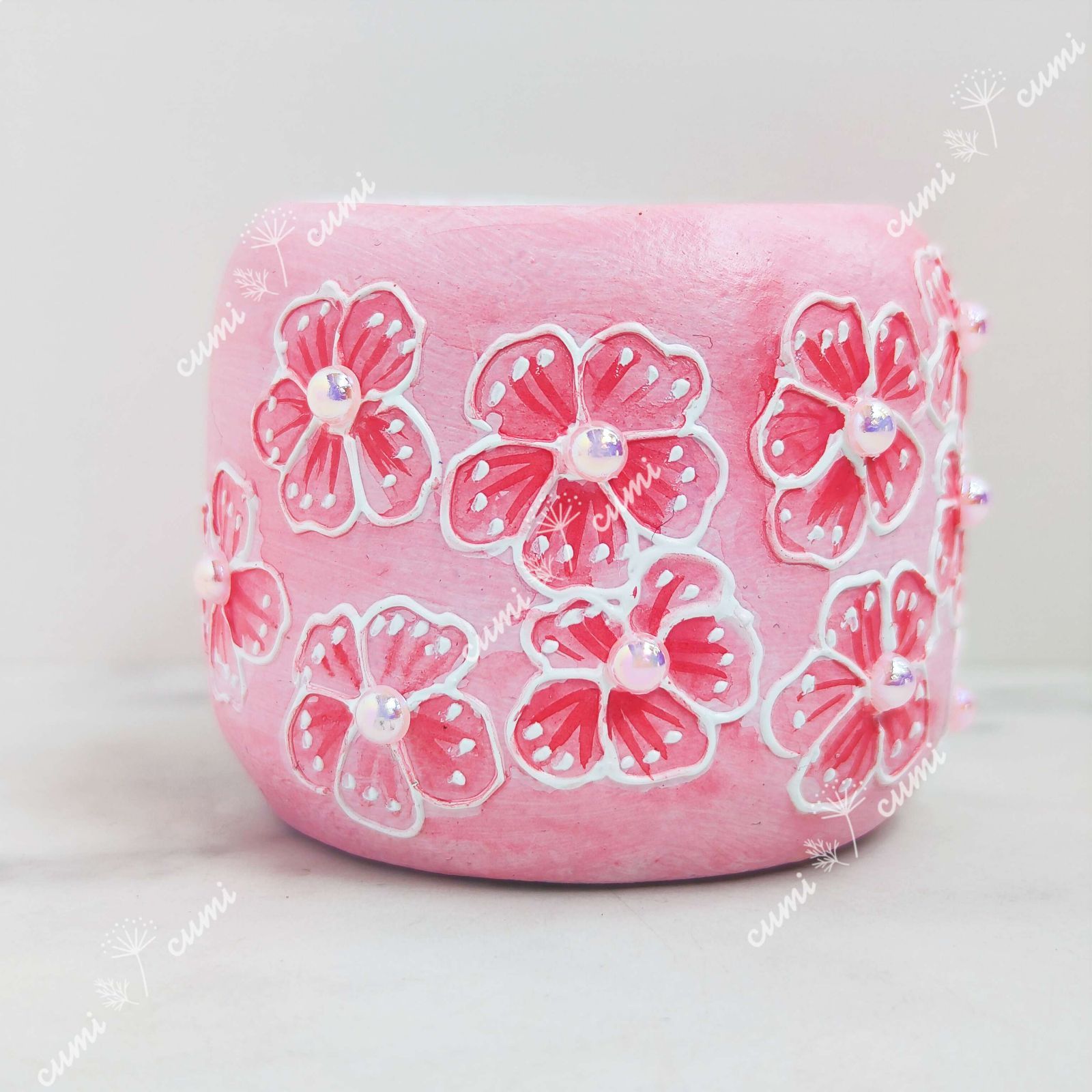 2個セット 完全手作り 手描き＆真珠付き 極上鉢C ピンク キラキラ
