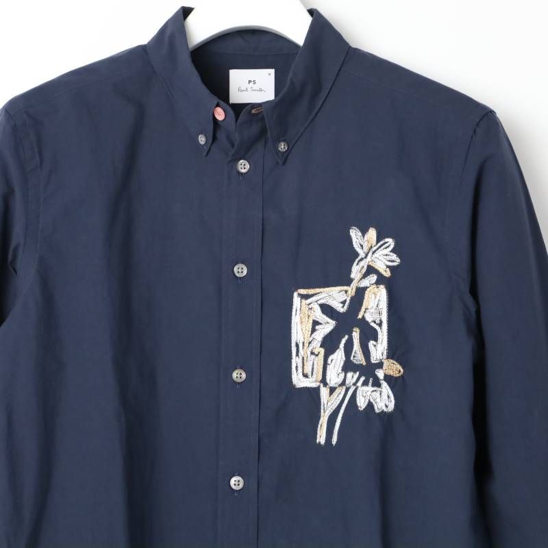 PS Paul Smith ポールスミス ドローイングフローラル エンブロイダリー シャツ | 242309 ネイビー フラワー刺繍 カジュアル 長袖 ボタンダウン シャツ M -324