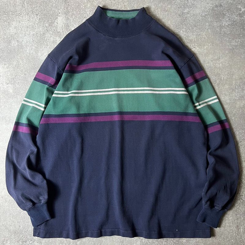 80s USA製 LLBean モックネック ボーダー 長袖 Tシャツ XL / 80年代 アメリカ製 ビンテージ エルエルビーン ラガー ロンT