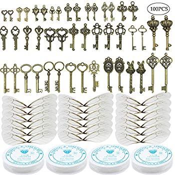 46個 アンティークブロンズ ビンテージ スケルトン キー チャーム ポッター 飛ぶ鍵 魅力的な鍵 50組のトンボの羽と105ヤードの釣り糸付き ジュエ