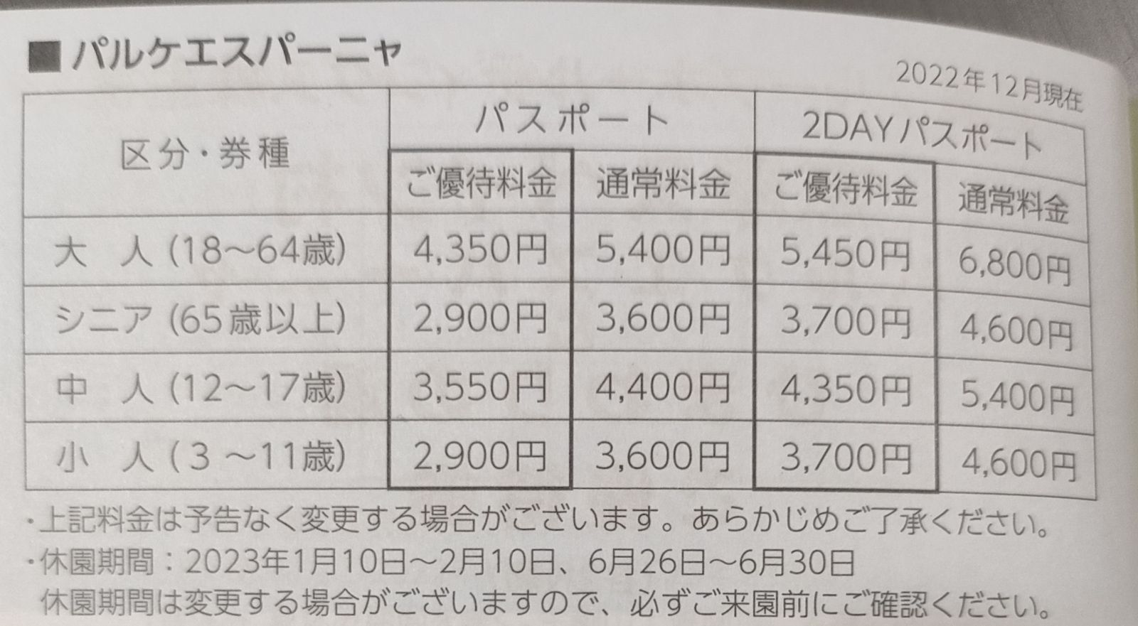 パルケエスパーニャ パスポート約20%割引券２枚セット 23年7月末