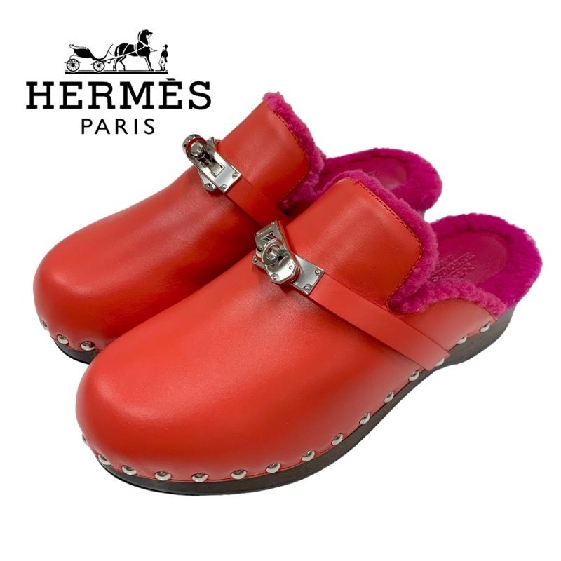 エルメス サンダル カルロッタ ケリーバックル ミュール レザー ムートン