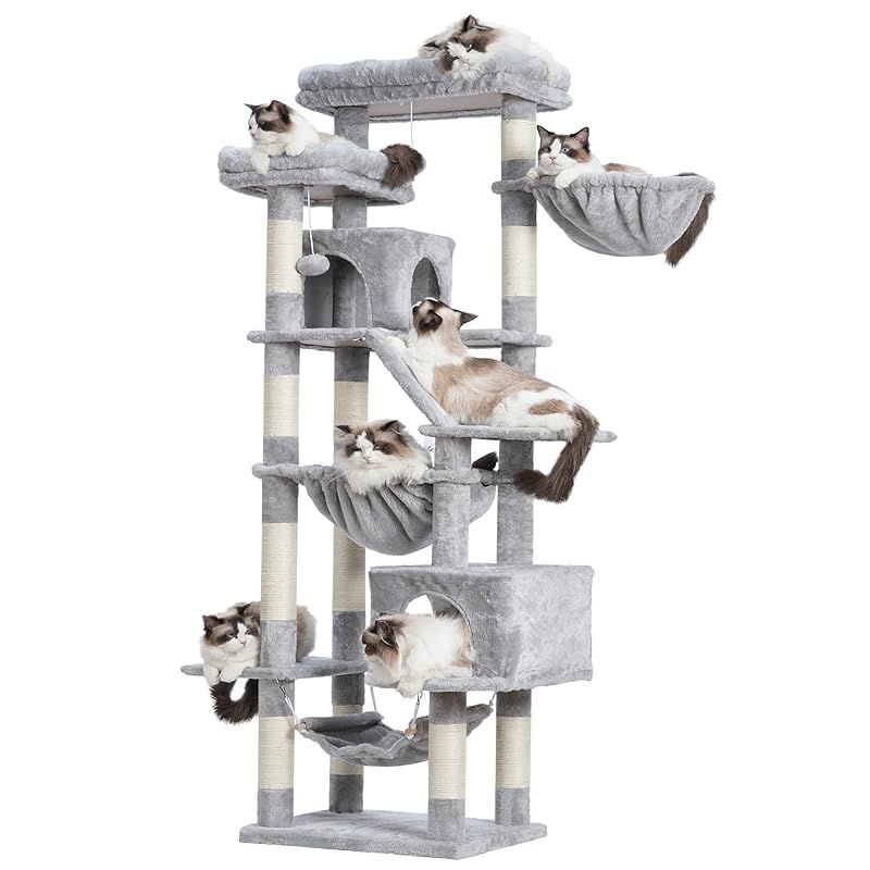 Heyblyキャットタワー 多頭飼い最適 高180cm 大型猫用 据え置き式 高安定性 ダブル展望台付き ダブル猫小屋付き 3 つ吊りベッド付き コンパクト設計 易攀爬 多機能 運動不足解消 猫用品 人気キャット家具 ライトグレー HCT034W 1