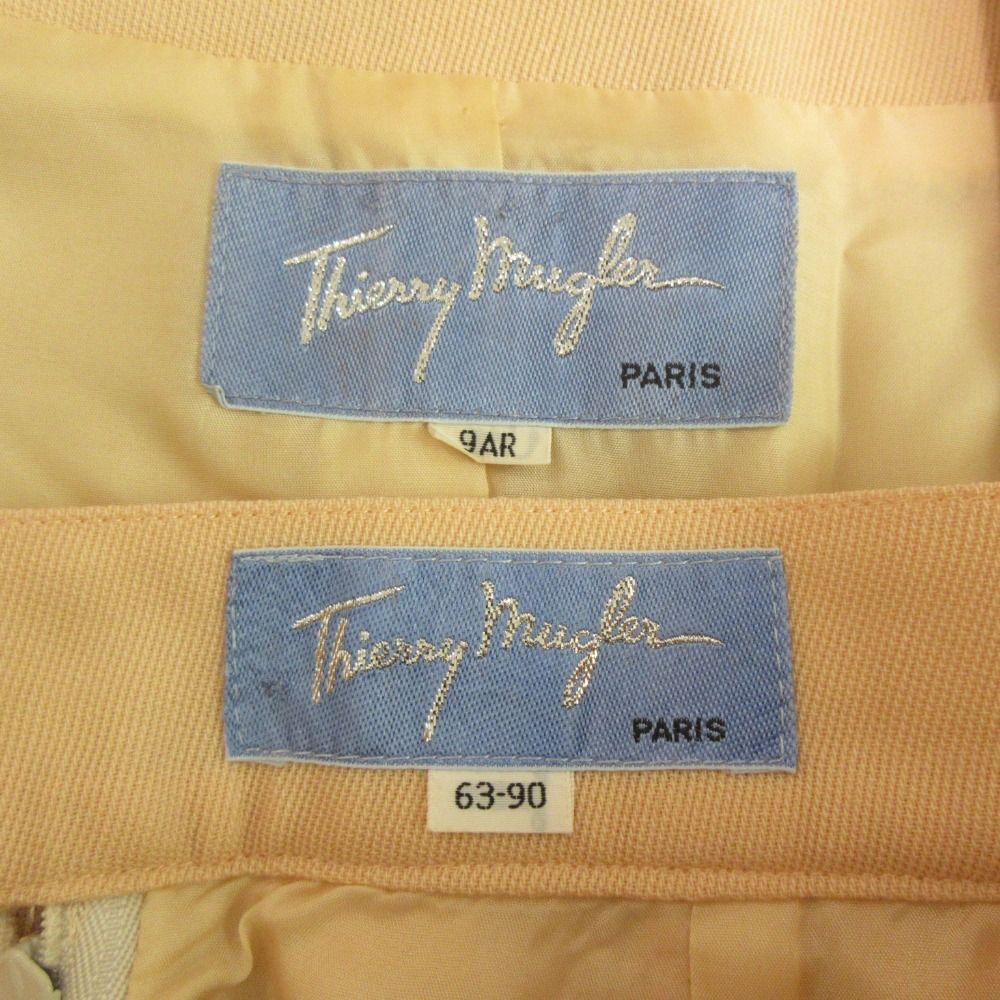 良品 Thierry Mugler ティエリーミュグレー ウール ノーカラージャケット+ひざ丈スカート セットアップ オレンジベージュ系 レディース 古着  USED