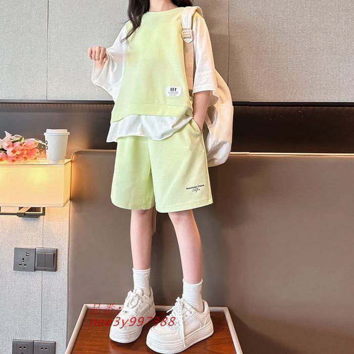 小学生 セットアップ キッズ 女の子 重ね着風 Tシャツ ツーピース 2点セット 韓国 パンツ ガーダンス 春夏 半袖 おしゃれ カジュアル nee3y997388