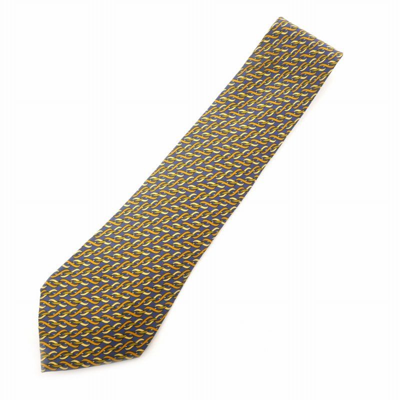 美品 GUCCI ネクタイ シルク100% ネイビー イエロー 総柄 美品 GUCCI グッチ ネクタイ シルク100％ ネイビー ブルー 総柄