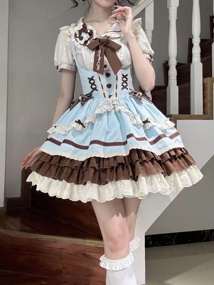 【ロリータ】チョコミント配色JSK♪ブラウス付き✨水色×ブラウンが可愛い 新品未使用【ロリータ】チョコミント配色JSK♪ブラウス付き 水色