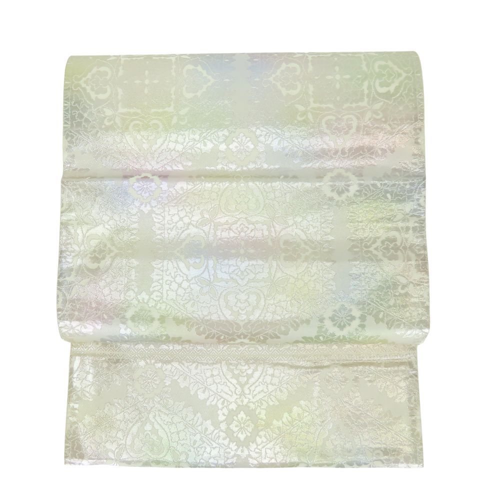 袋帯 亀甲更紗紋 やまと 正絹 金銀糸除く シルバー クリーム系 虹色 光沢 六通柄 フォーマル 和装 呉服 和服 きもの レディース 女性