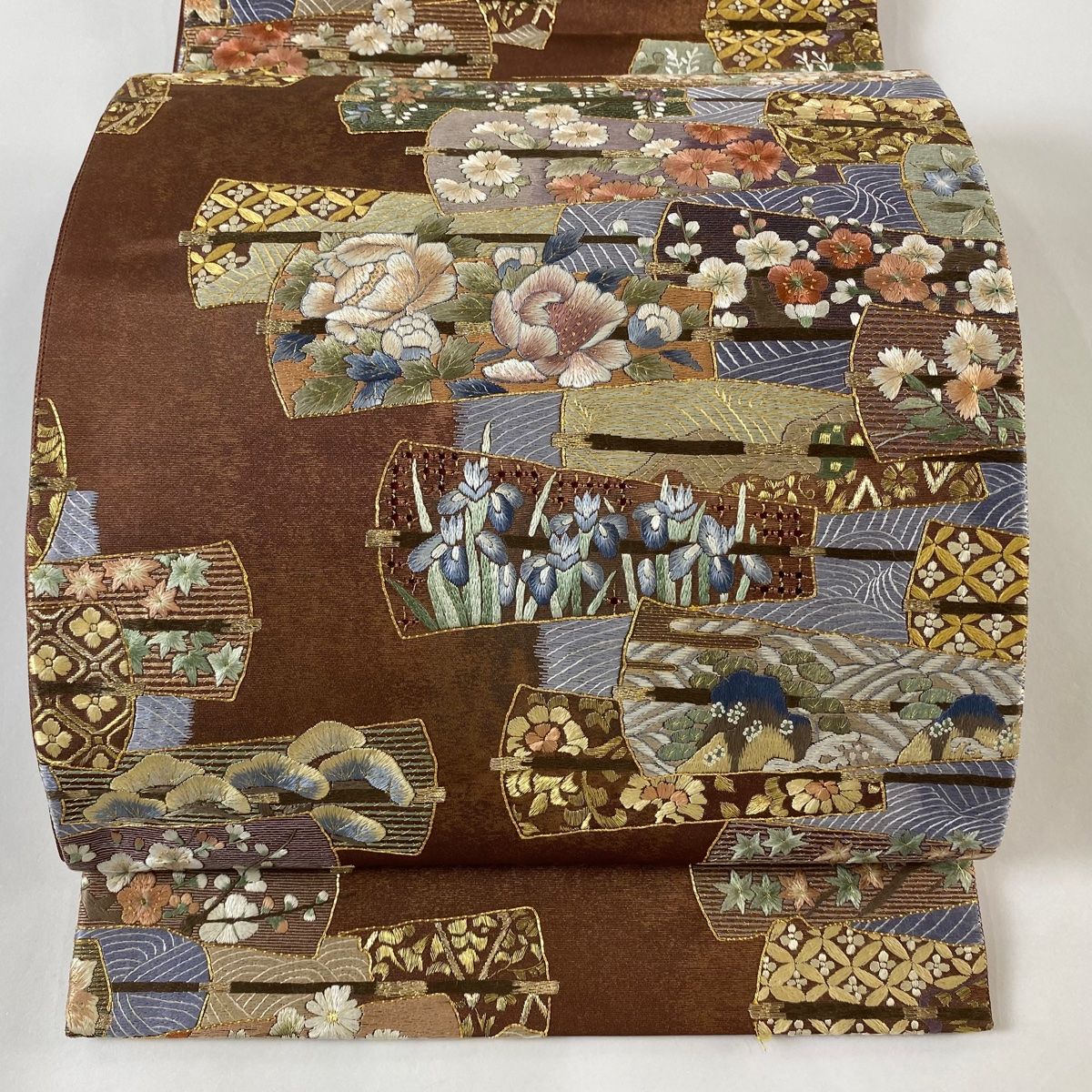 【超美品】金糸刺繍加工 オシャレ袋帯 袋帯 美品 秀品 向かい鶴 若松 金糸 刺繍 ベージュ 六通 正絹