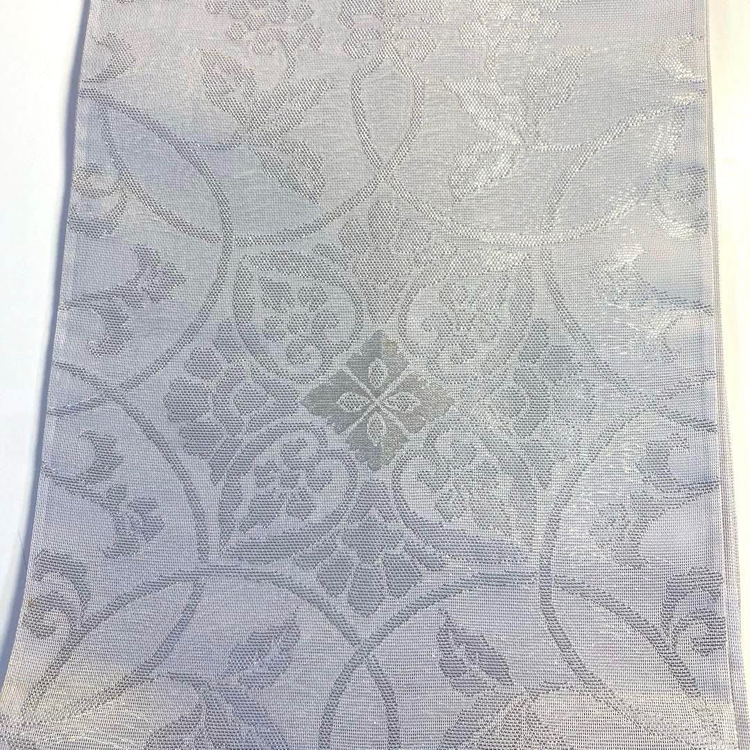 4k990 袋帯 絹 夏帯 夏物 紗 正倉院文様 グレー 銀色 花柄 和装 着物 