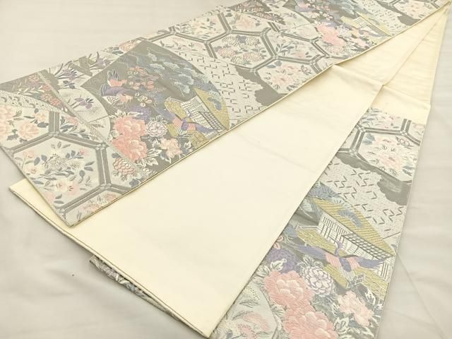 訳あり 平和屋着物◎六通柄袋帯 唐織 扇面花鳥文 プラチナ箔 正絹 逸品 着物・浴衣