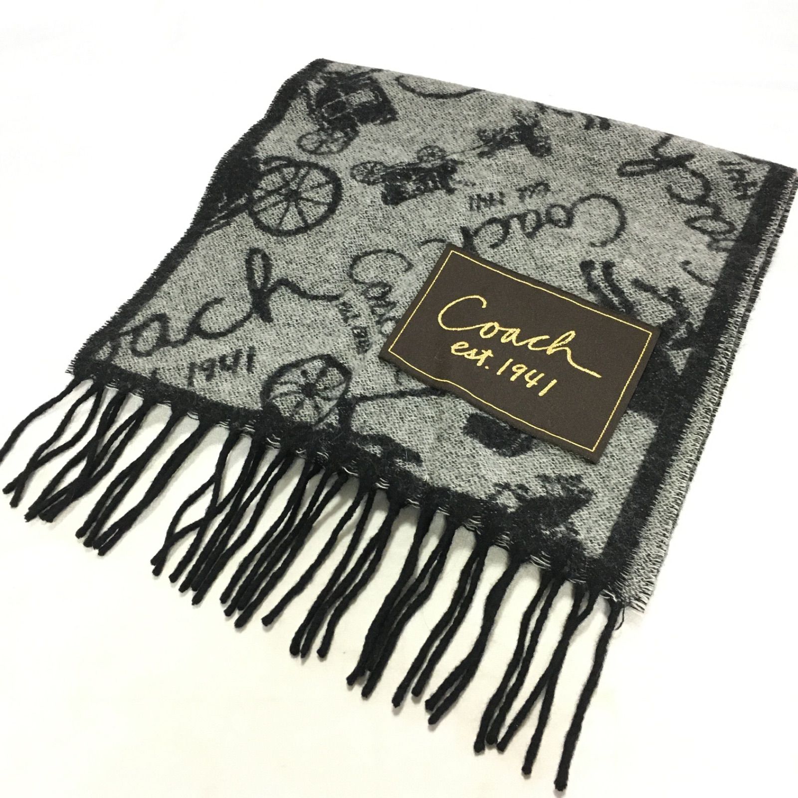COACH コーチ フリンジ ウール カシミヤ混 マフラー ブラック グレー COACH コーチ フリンジウールカシミヤ混マフラー ブラック