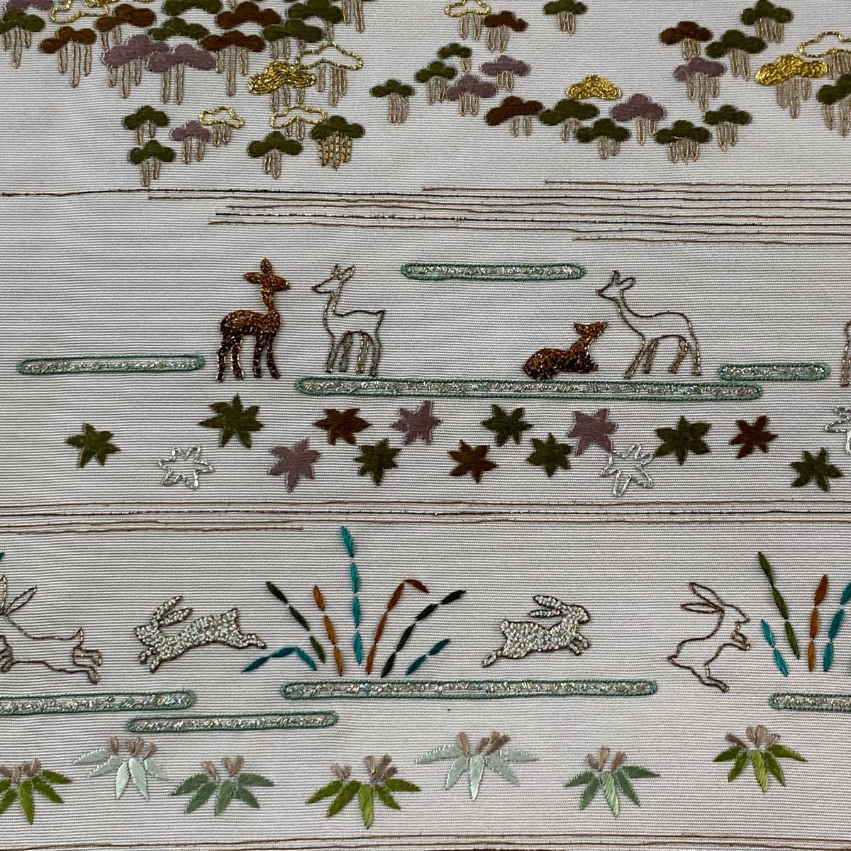 名古屋帯 動物 松竹 刺繍 金銀糸 灰紫 正絹