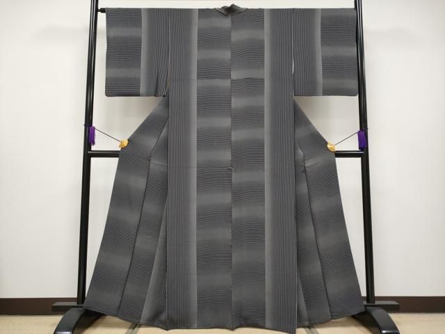 平和屋着物□極上 染色作家 斉藤三才 小紋 縞 黒地 逸品 CYAA2612s5