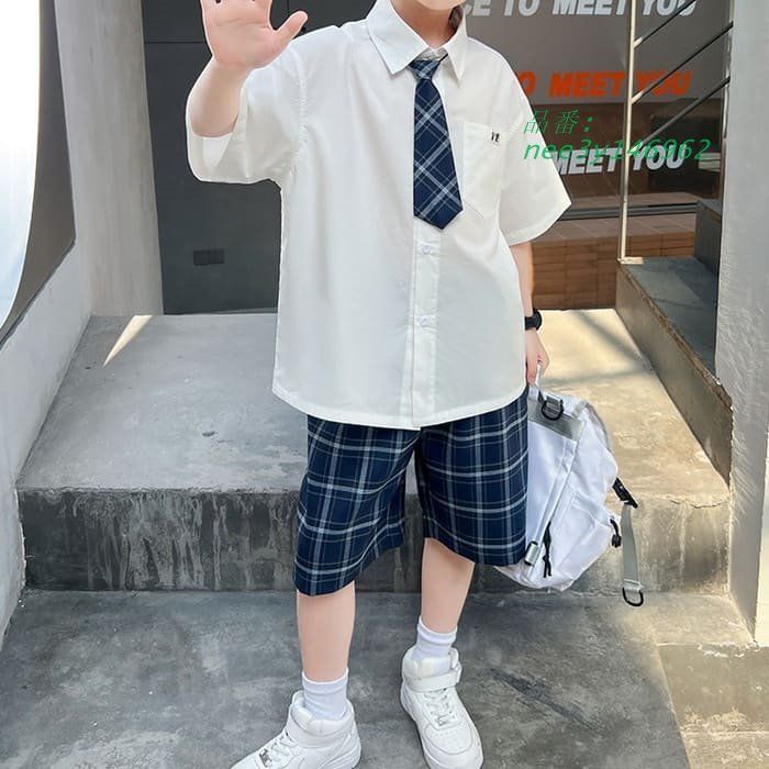 小学生 男の子 セットアップ タイ付き シャツ チェック柄 キッズ 子供服 半袖 パンツスーツ ジュニア 子ども 通学 2点セット 春夏 韓国 ハーフパンツ nee3y146962
