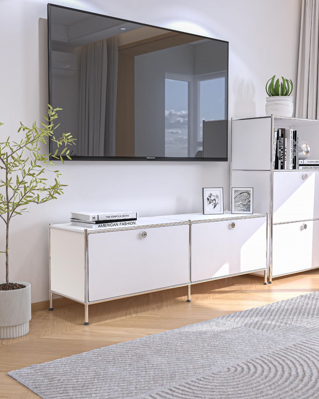 数量 モダンデザイン 大容量収納キャビネット 2つのフラップドア付き 家庭 オフィス キッチン 寝室用 幅152cm×奥行40cm DIY組立 金属ローボード アイボリー SimpLink