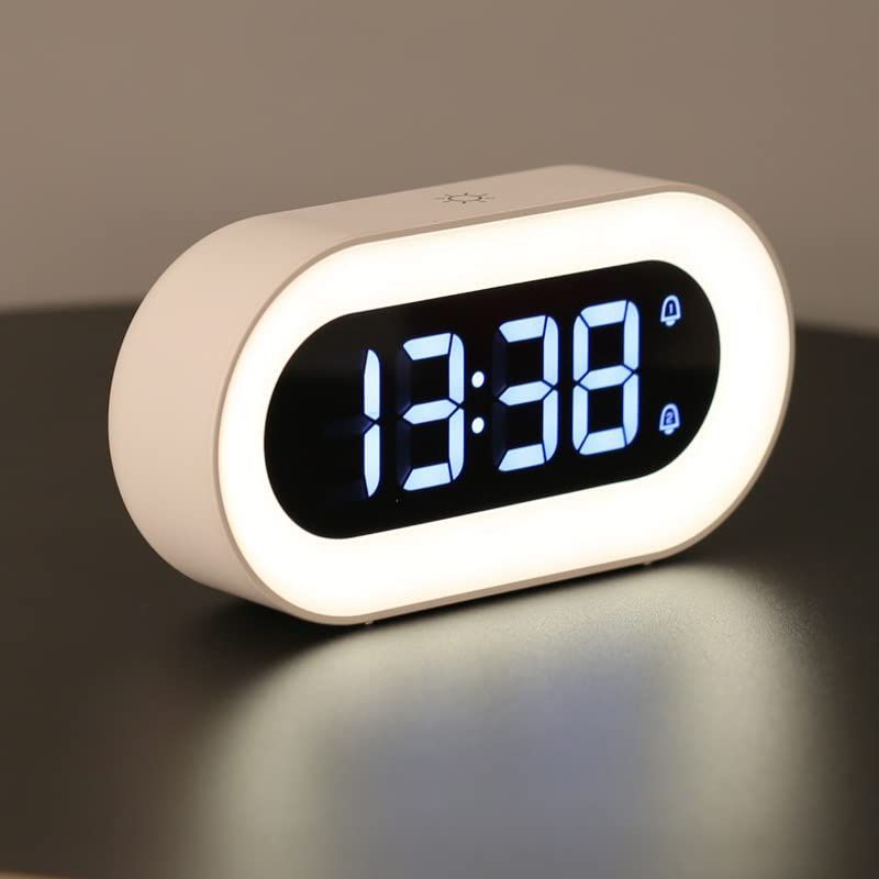 ホワイト DEMI LOUS. 目覚まし時計 ライト デジタル LED時計 置き時計 USB充電式 無段階調光 ベッドサイド光 卓上時計 様々なアラーム 音楽 スヌーズ機能 小型 12h/24h表示 起きれる 大音量 めざま