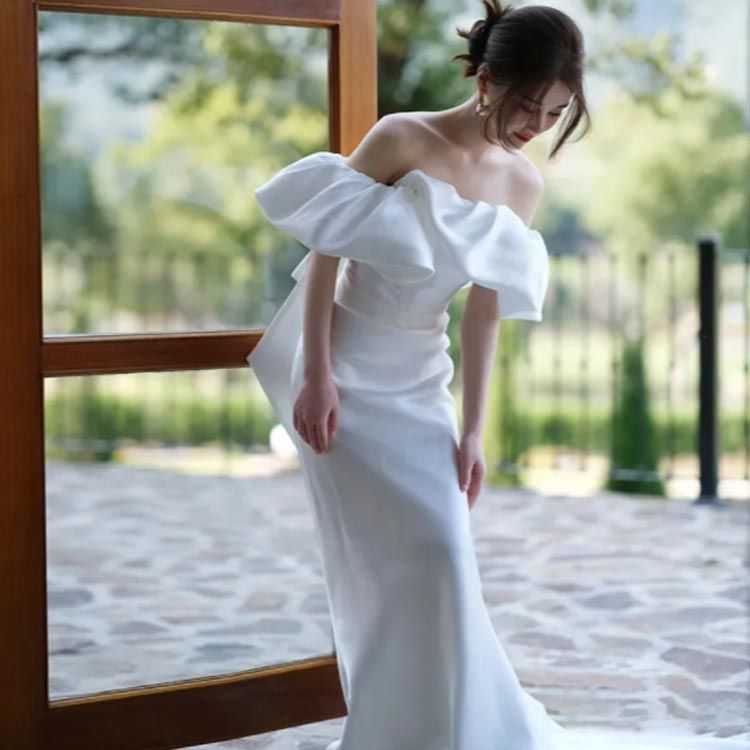 ウェディングドレス マーメイド ロングドレス 花嫁 フリルスリーブ オフショルダー 花嫁 フォトウェディング 二次会 海外挙式 結婚式 sowa6584481