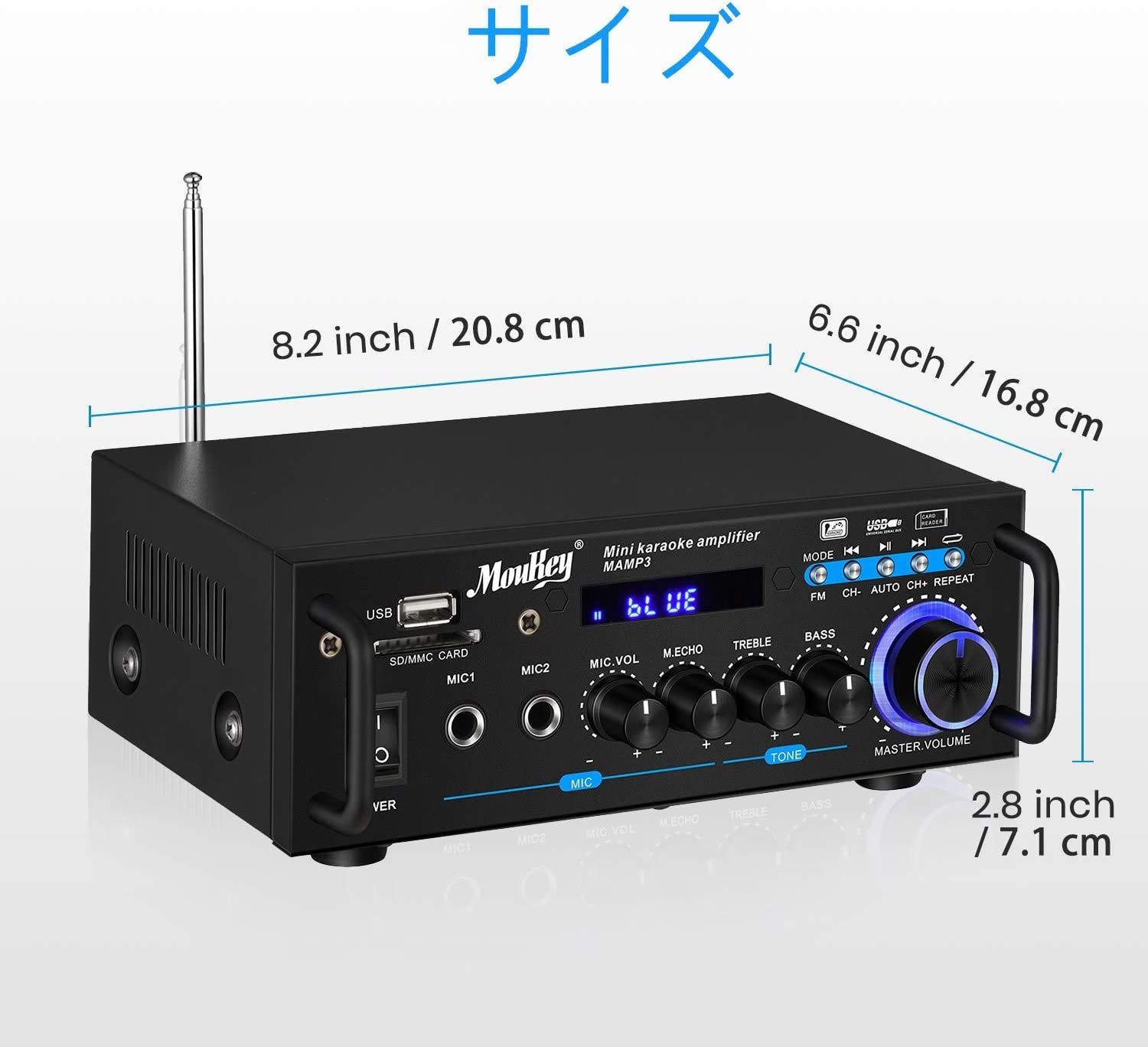 ステレオアンプ パワーアンプ オーディオアンプ カラオケ アンプ Bluetooth5.0 FMラジオ付き MP3 / USB/SDリーダーデジタル  LEDディスプレイ マイク入力（最大電力100W）ブラック - メルカリ