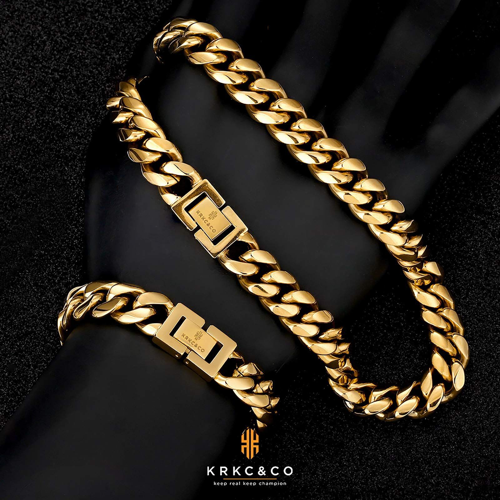  商品 セット KRKC CO 喜平ネックレス＆ブレスレット メンズ 幅12 mm マイアミキューバンチェーン 18 k ゴールド キヘイ HIPHOP プレゼント ギフト その他 アクセサリー