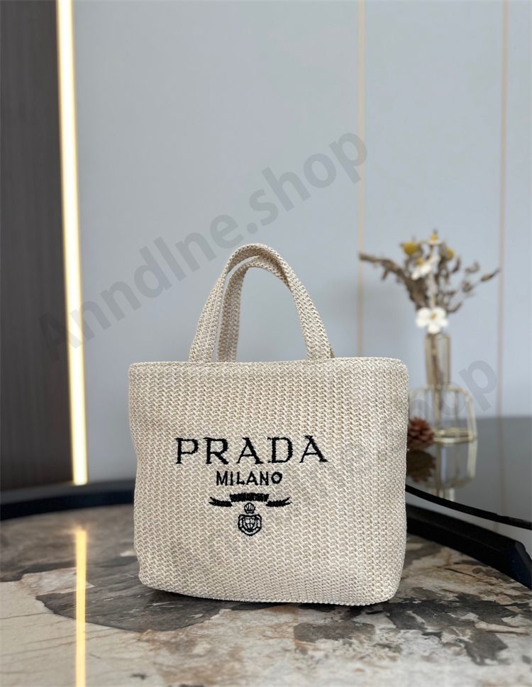 PRADA プラダ トートバッグ 草編み 刺繍ロゴ かごバッグ 手提げ 軽量 編みトートバッグ ショッピングバッグ 草編みバッグ 並行輸入品