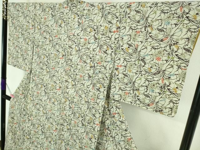 平和屋着物□極上 小紋 型染 草葉文 砂色地 鬼しぼ縮緬 逸品 未使用  