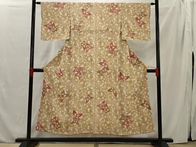 平和屋着物□上質な小紋 型染め 舞蝶文 鬼しぼ縮緬 正絹 逸品  