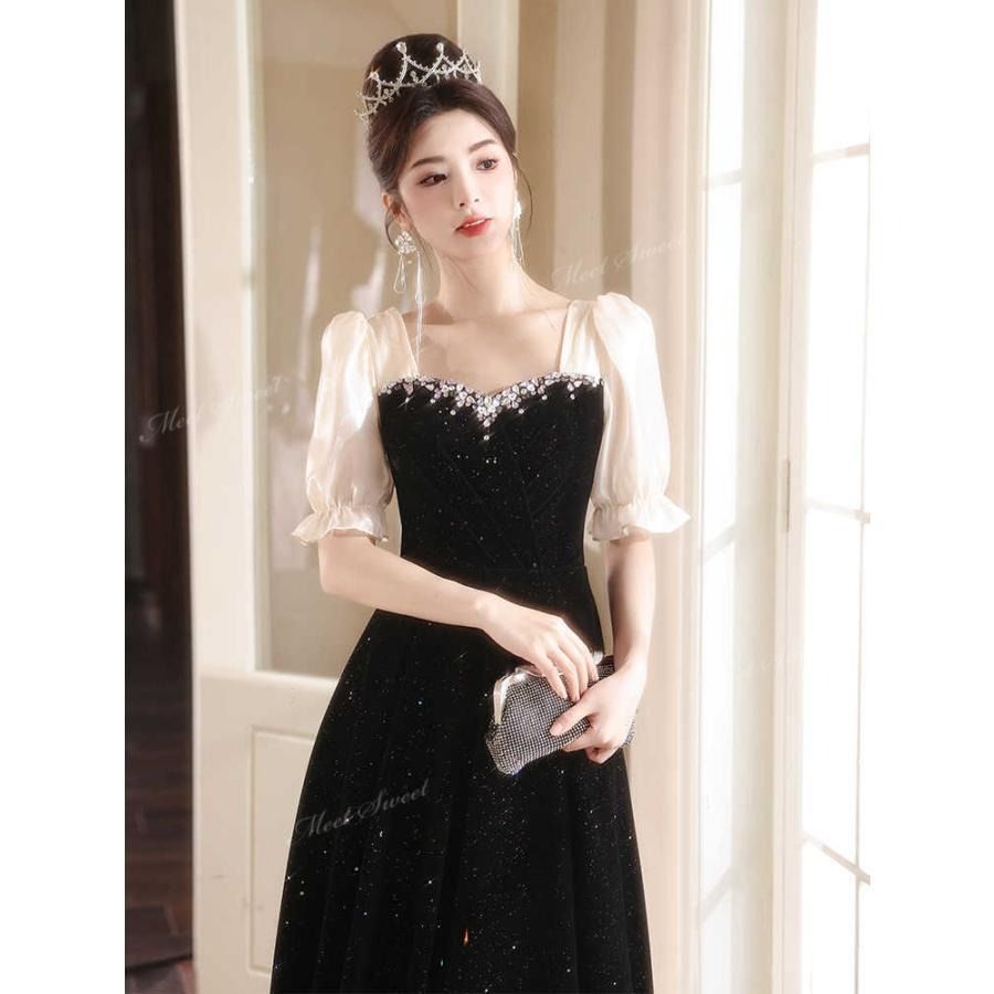 半袖 長袖 ブラック ベルベット 高校生 フォーマル お呼ばれ リボン ウェディングドレスドレス パーティードレス 演奏会 発表会