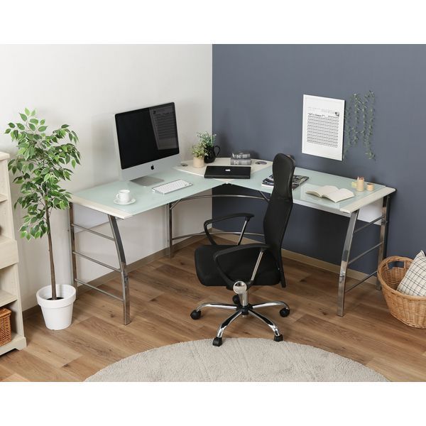 ガラスPCデスク L型 WH ホワイト 組立品