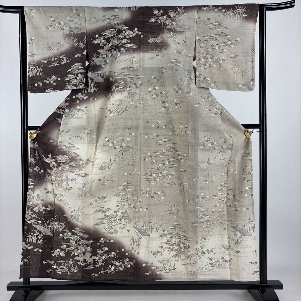 訪問着 身丈157.5cm 裄丈64cm M 薄物 夏紬地 松竹梅 風景 金彩 ぼかし 小豆色 正絹