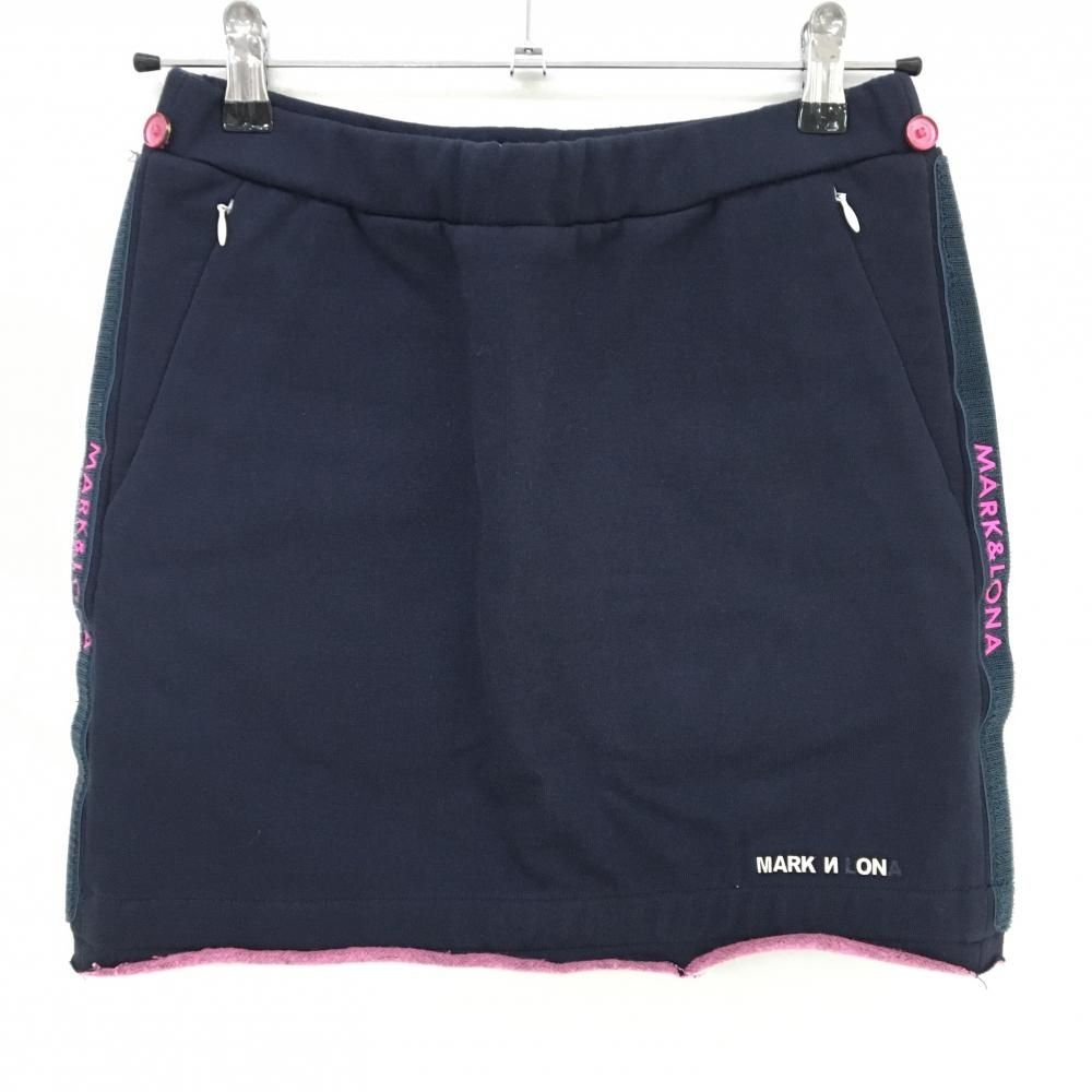 特価マークアンドロナ スカート ネイビー×ピンク ファー着脱可 裏起毛 紙タグ付 レディース 40(L) ゴルフウェア MARK＆LONA