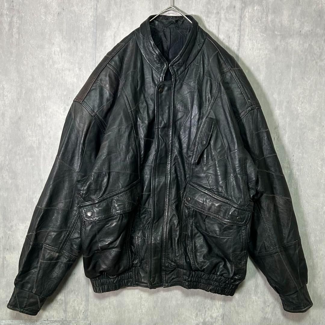 希少 モンゴル製 レザー ブルゾン パッチワーク グランジ 黒