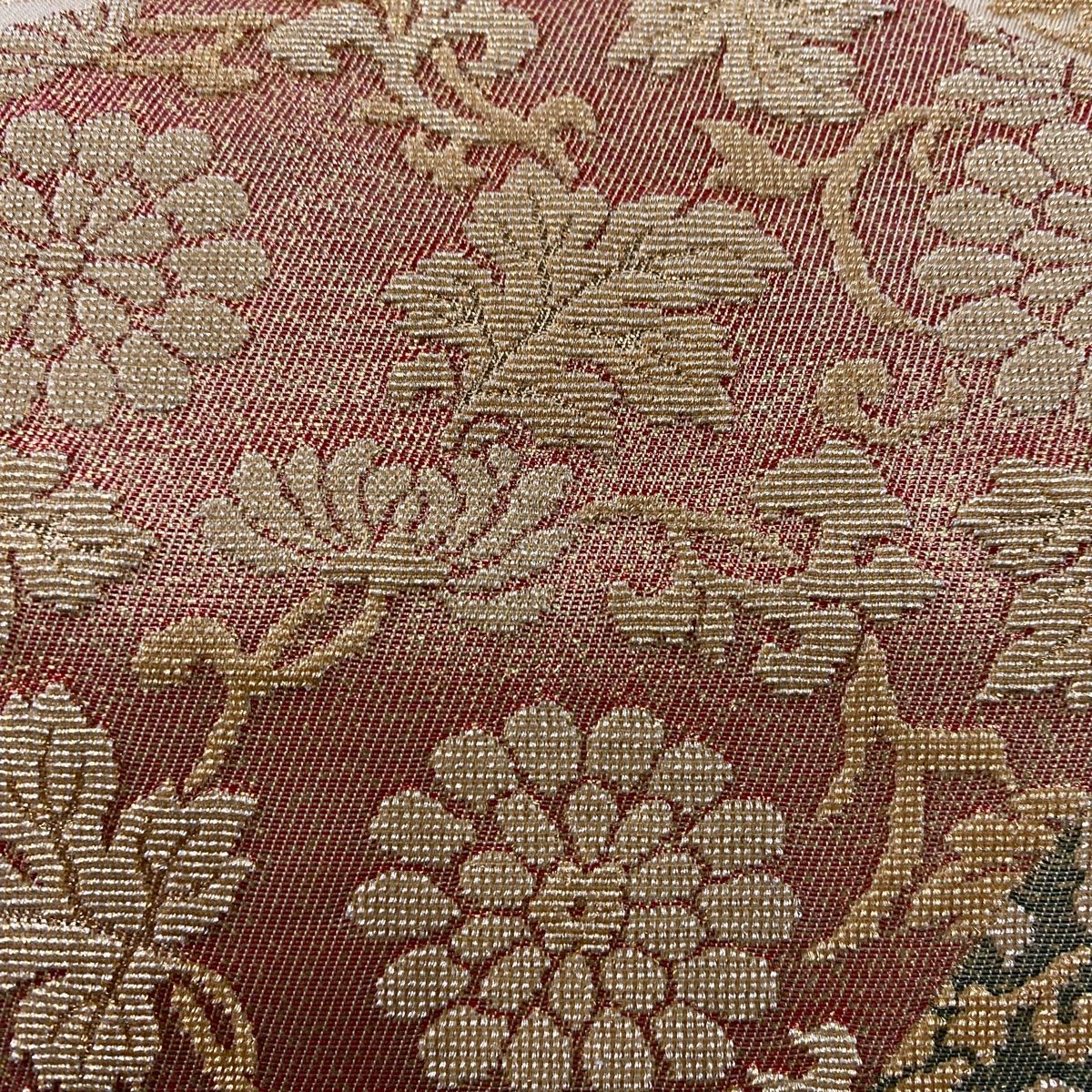 袋帯 名品 関西仕立て 草花 花唐草 金糸 輪奈織 ベージュ 六通 正絹 WWW_MERCADOAVALIA_COM_BR